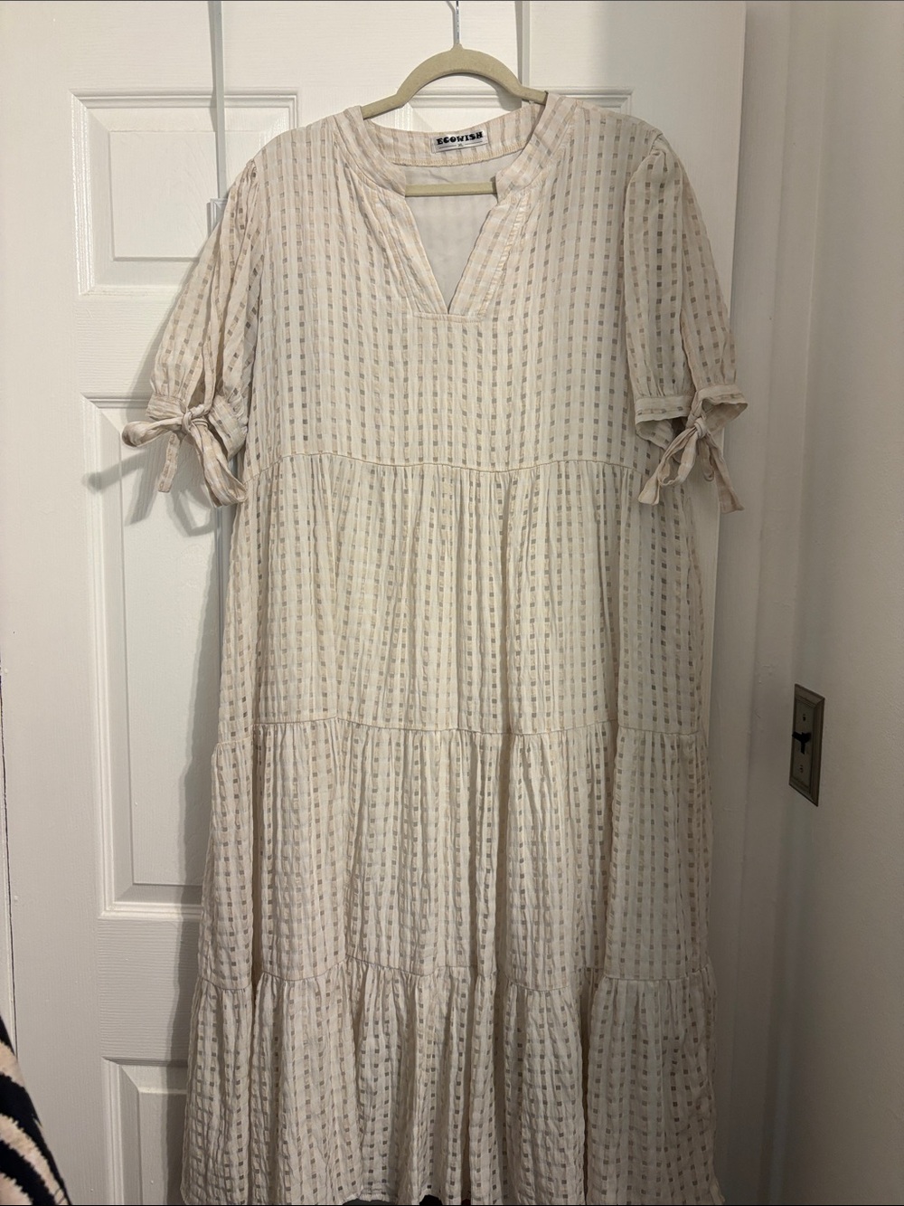ECOWISH Cream Tiered Maxi Dress with Tie Sleeves Pit to pit 23 Length 47 inches